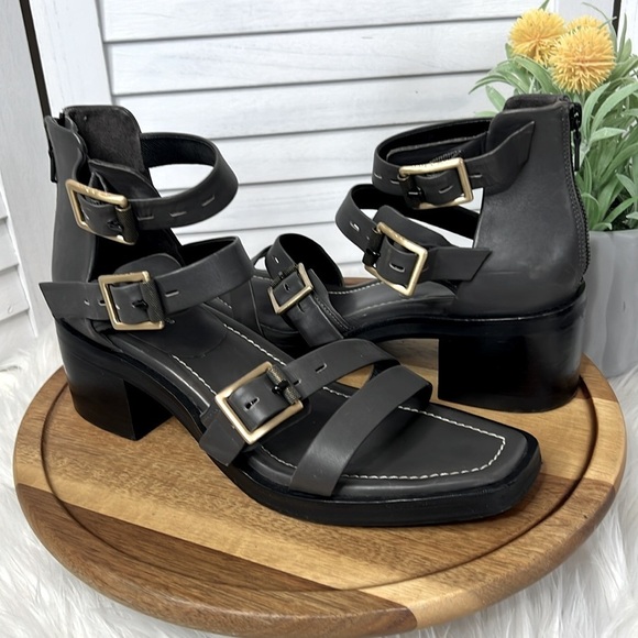 RAG & BONE l Metal Gray Strappy Heel Fallon Leather Sandal Brass Buckle 9.5 - Picture 13 of 14
